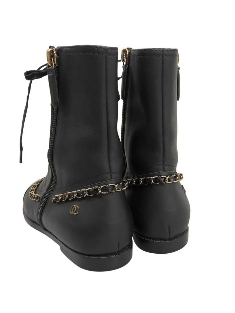 Chanel CC Logo Leather Short Boots Chain Double Zip Lace Up 37 Black